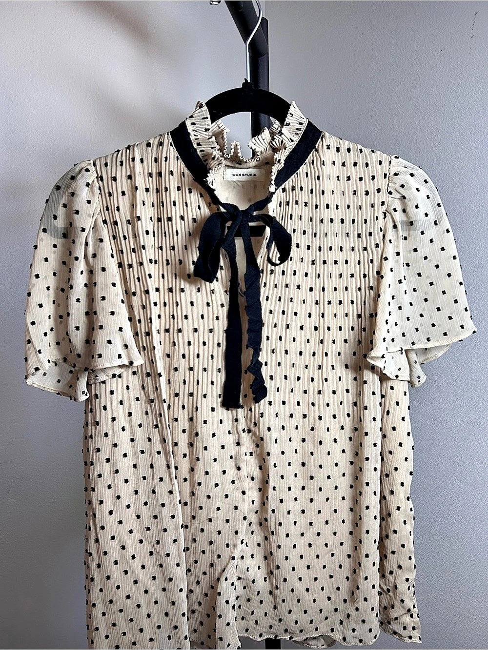 Max Studio Polka Dot Tie Neck Blouse in Cream & Black